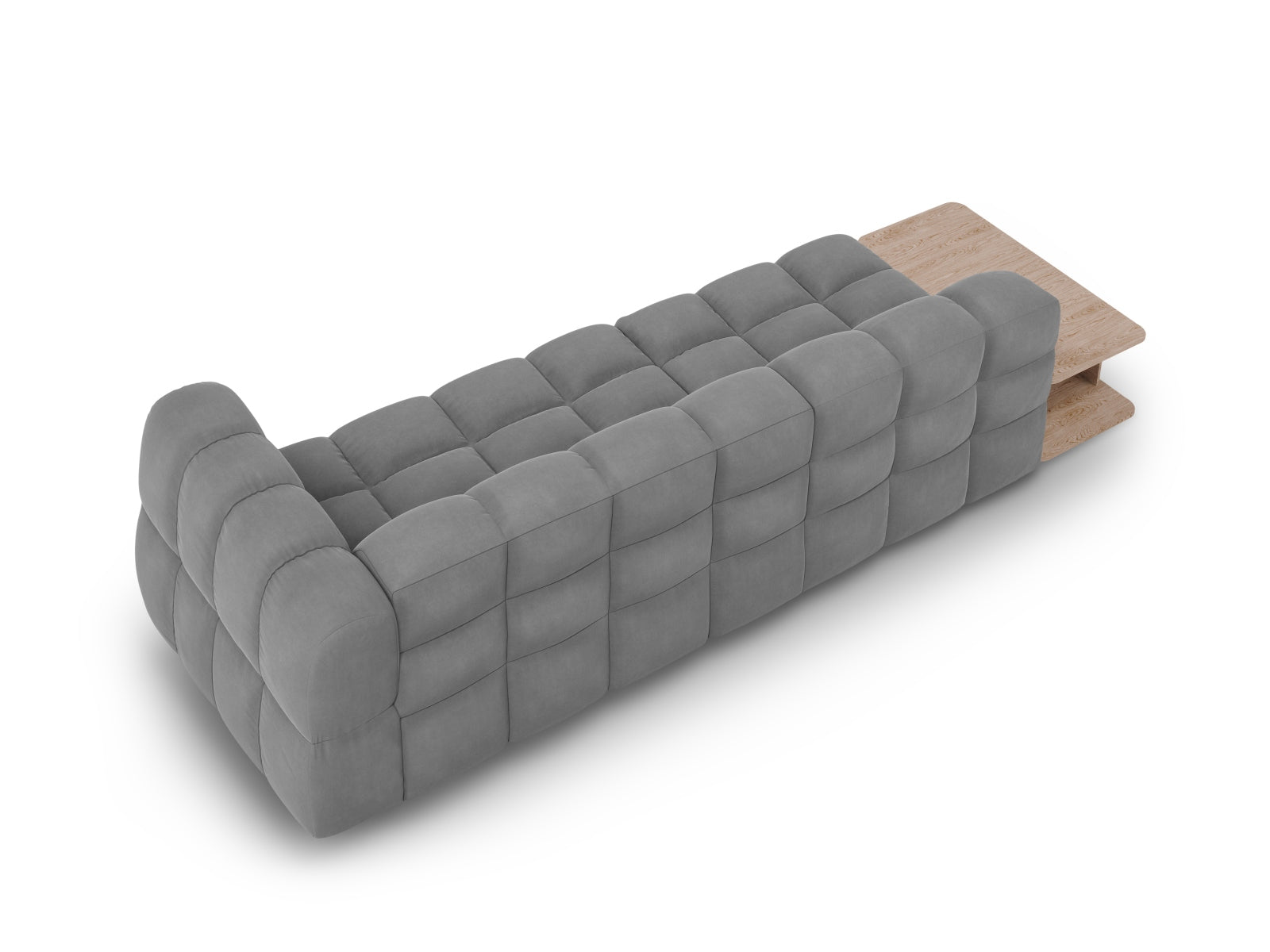 Entdecken Sie das elegante Sky Velour Sofa links, ein modulares 4-Sitzer-Design, das Komfort und Stil in Ihr Zuhause bringt. Ideal für gesellige Abende!