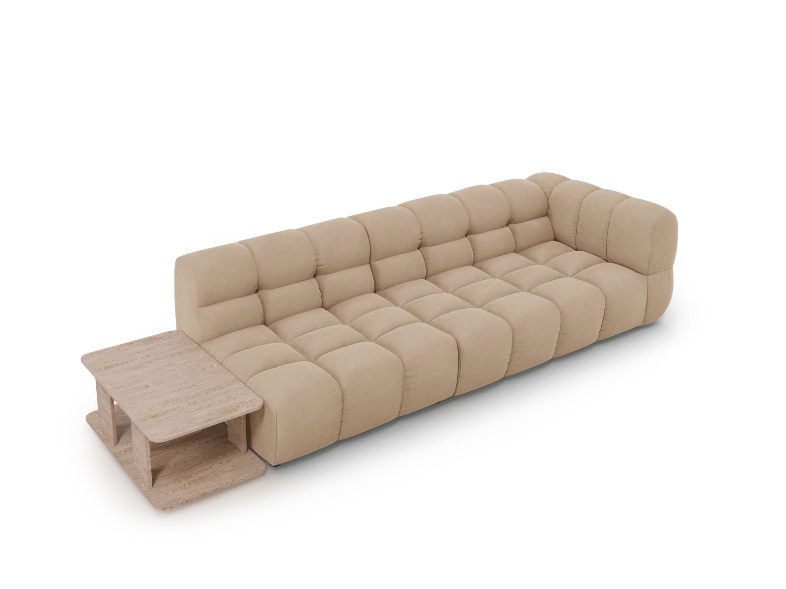 Erleben Sie das Sky Velour Sofa links, ein modulares 4-Sitzer-Möbelstück, das Stil und Funktionalität vereint. Perfekt für Ihr modernes Wohnzimmer!