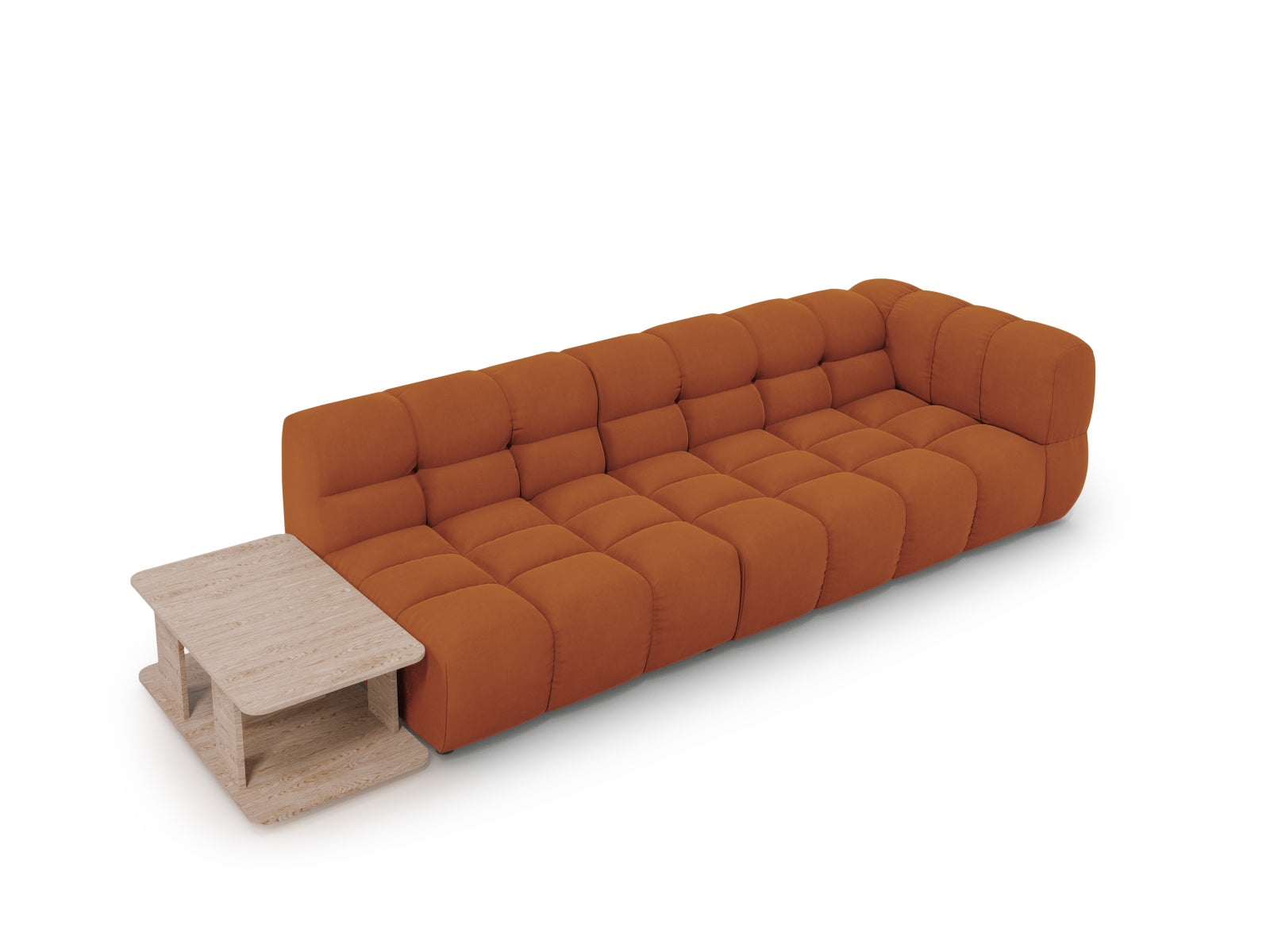 Erleben Sie das Sky Velour Sofa links, ein modulares 4-Sitzer-Möbelstück, das Stil und Funktionalität vereint. Perfekt für Ihr modernes Wohnzimmer!