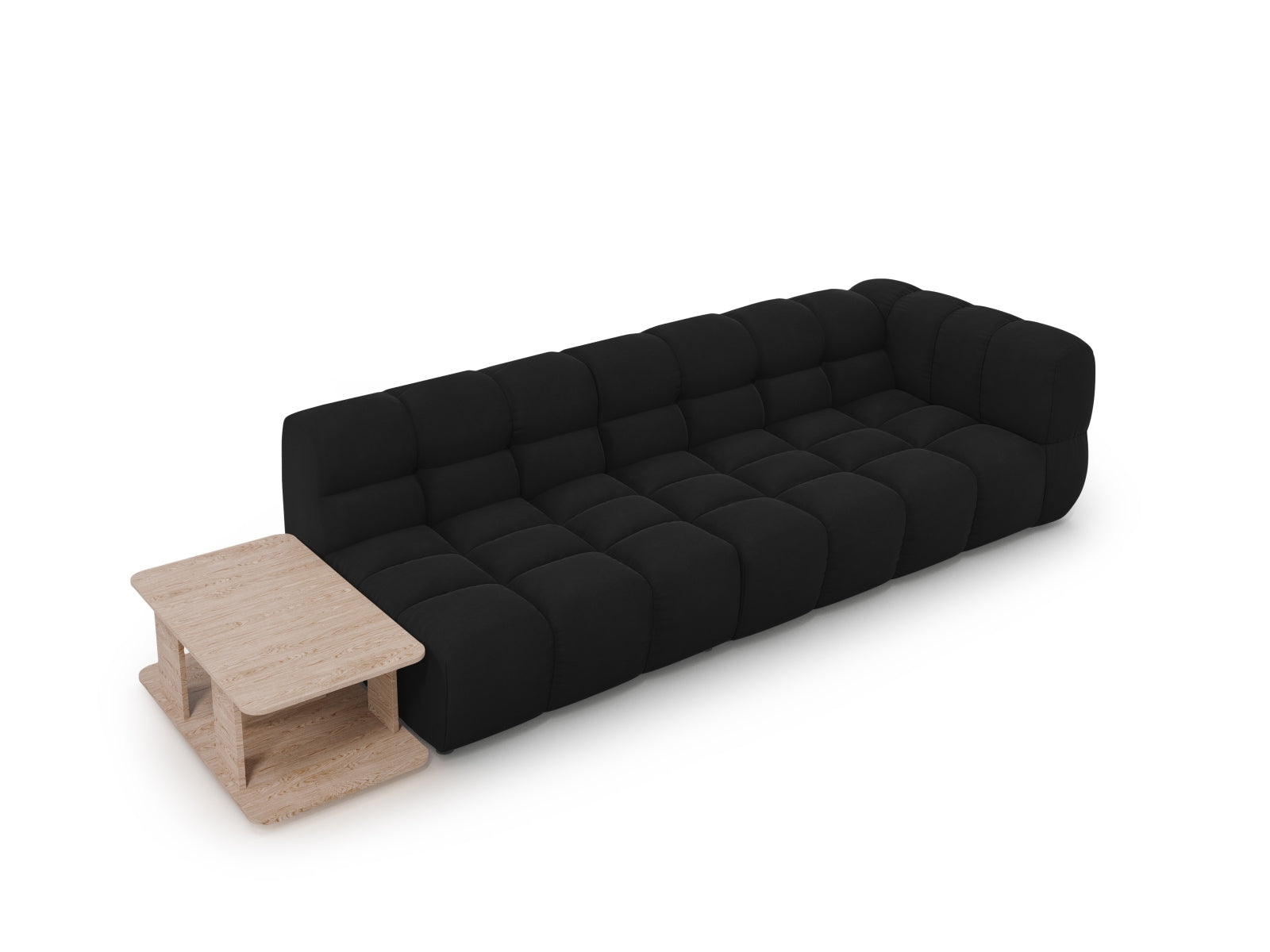 Erleben Sie das Sky Velour Sofa links, ein modulares 4-Sitzer-Möbelstück, das Stil und Funktionalität vereint. Perfekt für Ihr modernes Wohnzimmer!