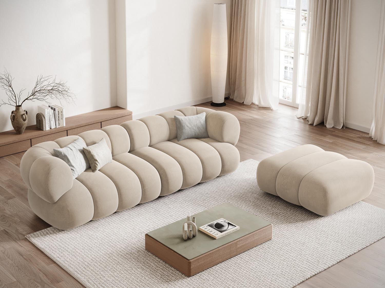 Elegantes Koge Velour Sofa in Light Beige-Vogue, 4-Sitzer mit modernem Design, ideal für stilvolle Wohnräume.