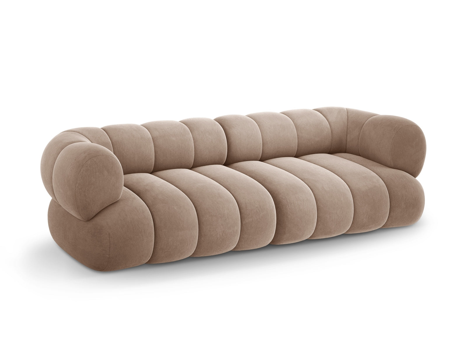 Stilvolles 4-Sitzer Velour Sofa in sanftem Dunkelbeige, perfekt für gemütliche und moderne Wohnambiente.