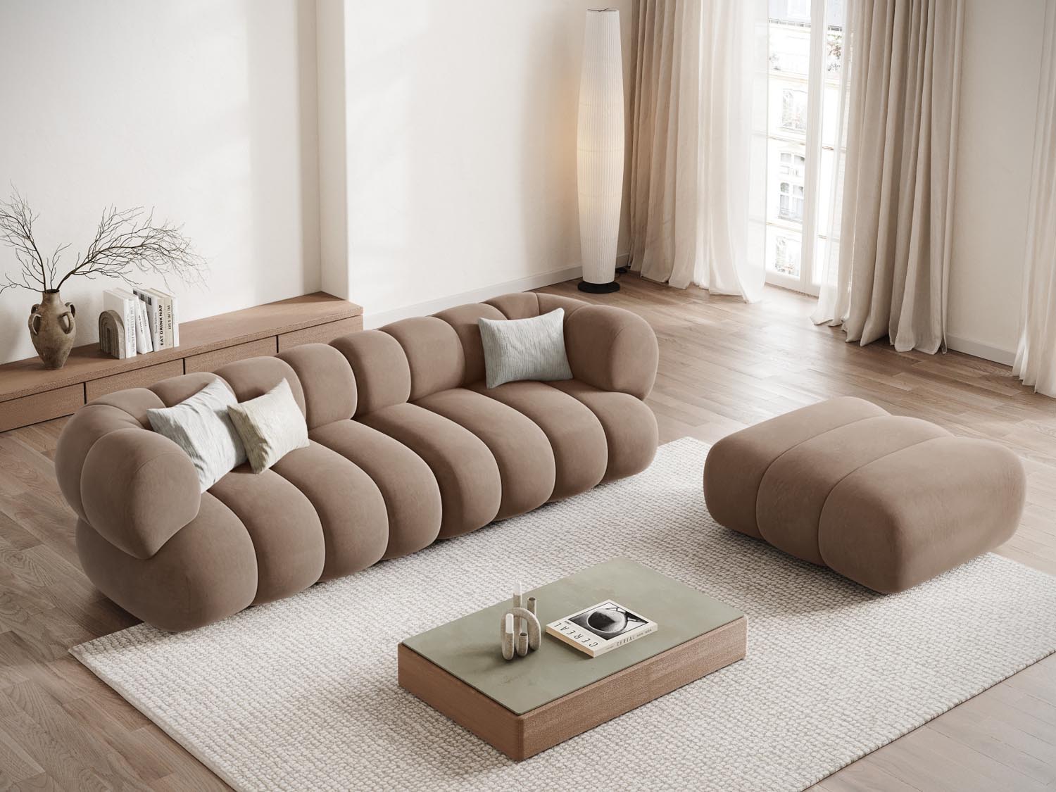 Elegantes Koge Velour Sofa in Dunkelbeige, 4-Sitzer mit modernem Design, ideal für stilvolle Wohnräume.