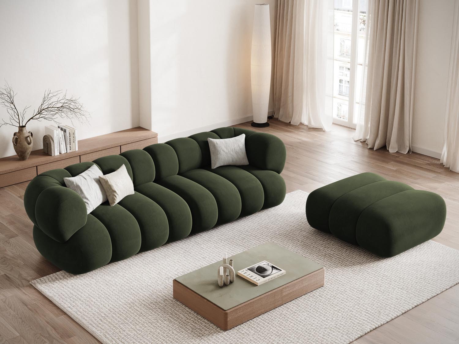 Elegantes Koge Velour Sofa in Grün, 4-Sitzer mit 95 cm Breite, ideal für stilvolle Wohnräume, präsentiert von Cosmopolitan Design.