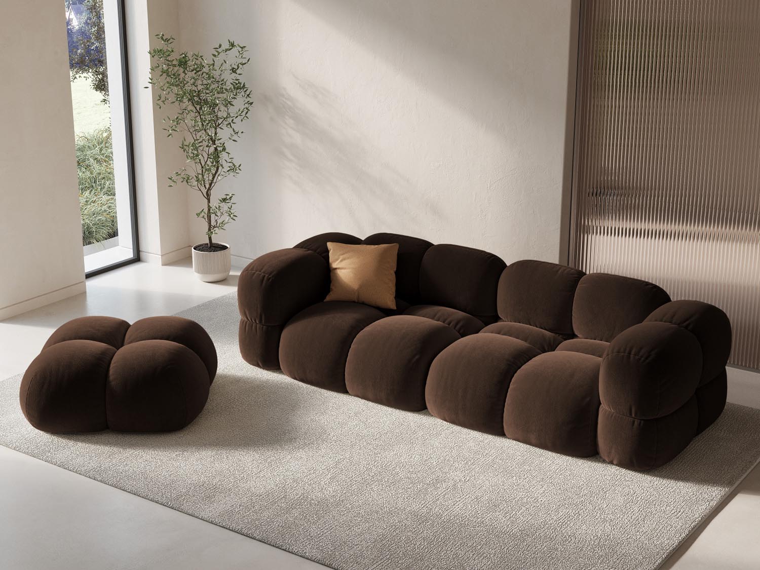 Elegantes Loretto Velour Sofa für 4 Personen in Chocolate-Vogue, stilvoll und komfortabel, ideal für moderne Wohnräume.
