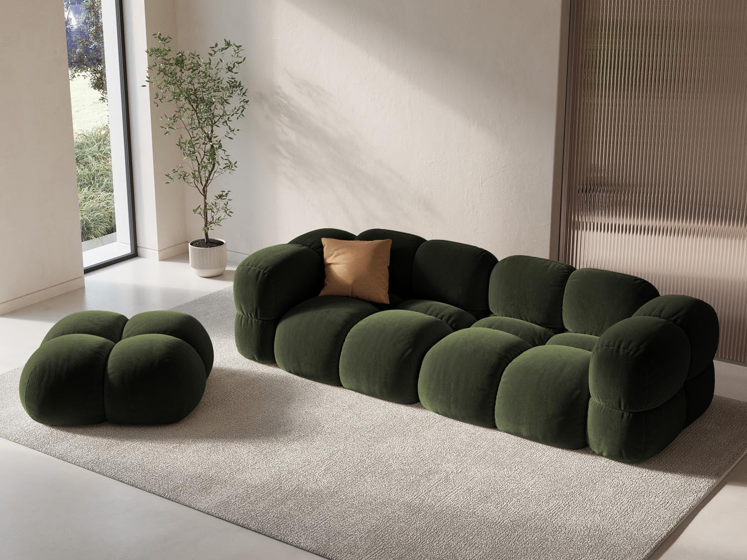 Elegantes Loretto Velour Sofa in stilvollem Grün, ideal für moderne Wohnräume. Komfortables 4-Sitzer-Design von Cosmopolitan Design.