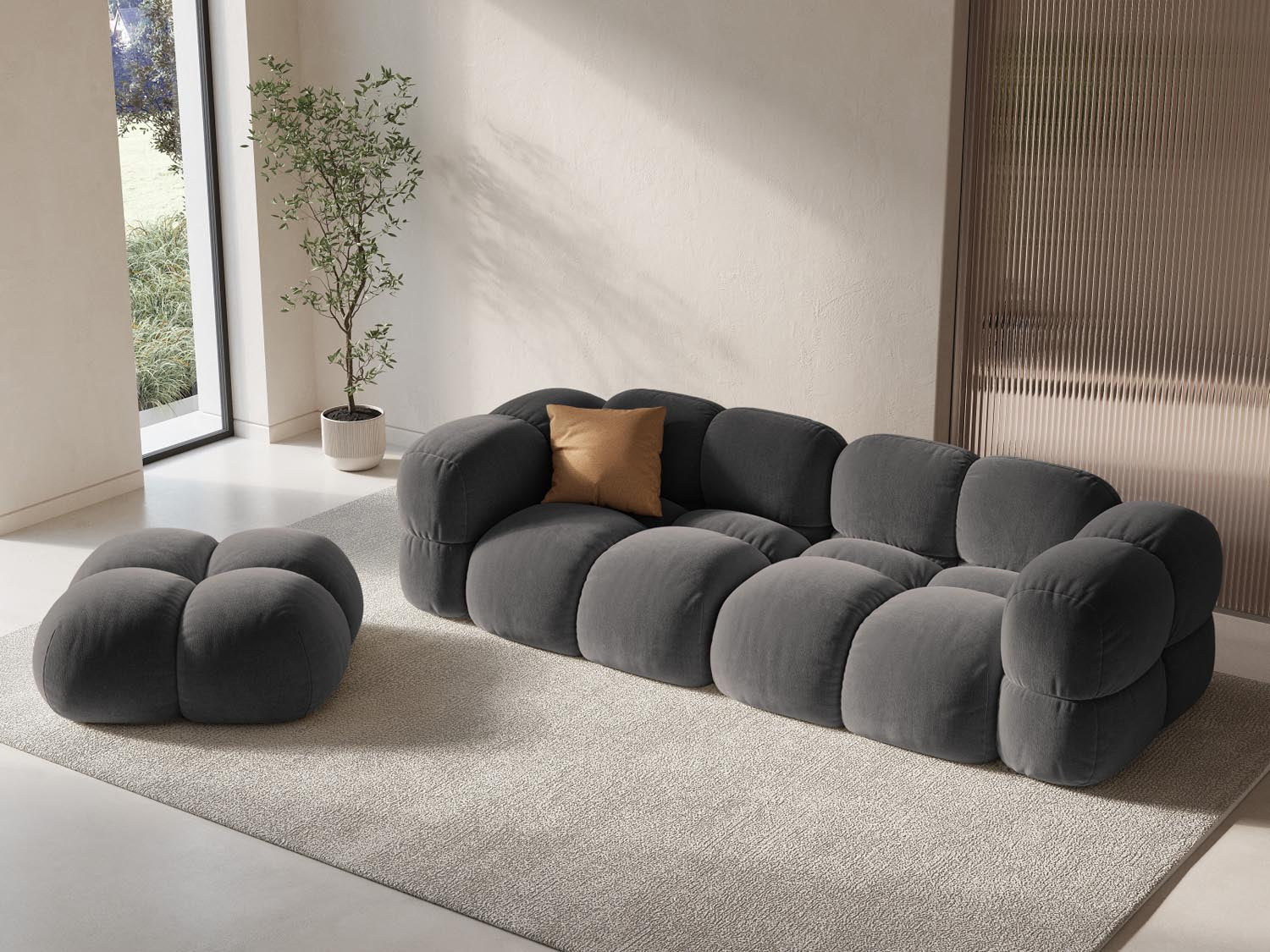 Elegantes Loretto Velour Sofa in Grau, 4-Sitzer mit modernem Design, ideal für stilvolle Wohnräume und gemütliche Abende.