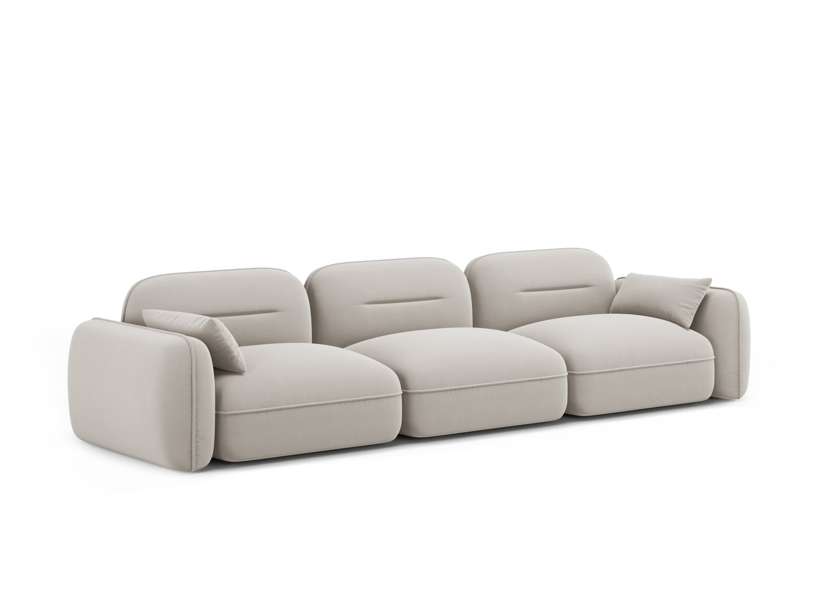 Modulares 4-Sitzer Sofa Sydney aus Velours in sanftem Beige, vereint Komfort und modernes Design für jeden Wohnraum.
