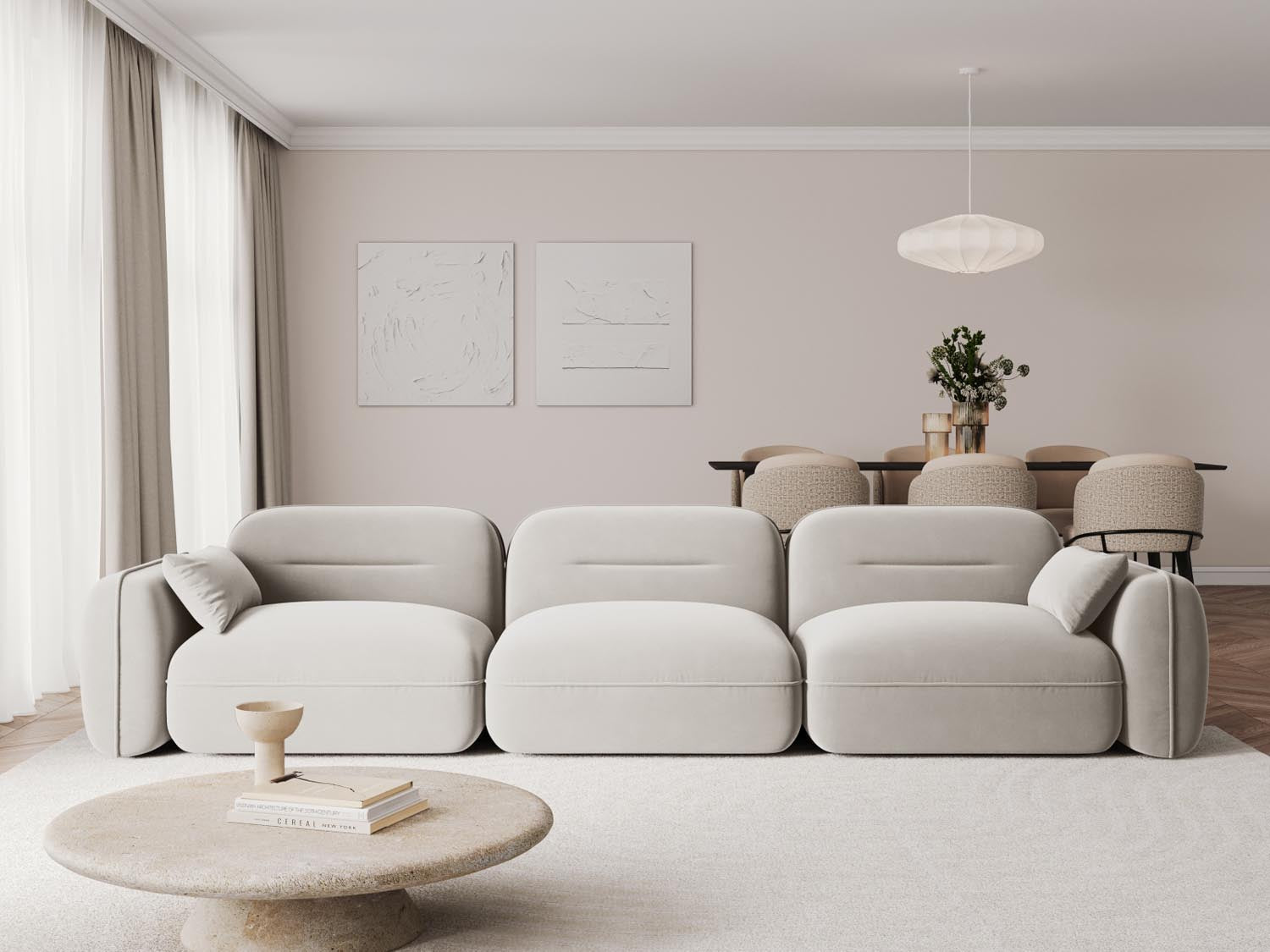 Elegantes Sydney Velour Modular Sofa in hellem Beige, ideal für stilvolle Wohnräume. Perfekt für gesellige Abende und entspannte Stunden.