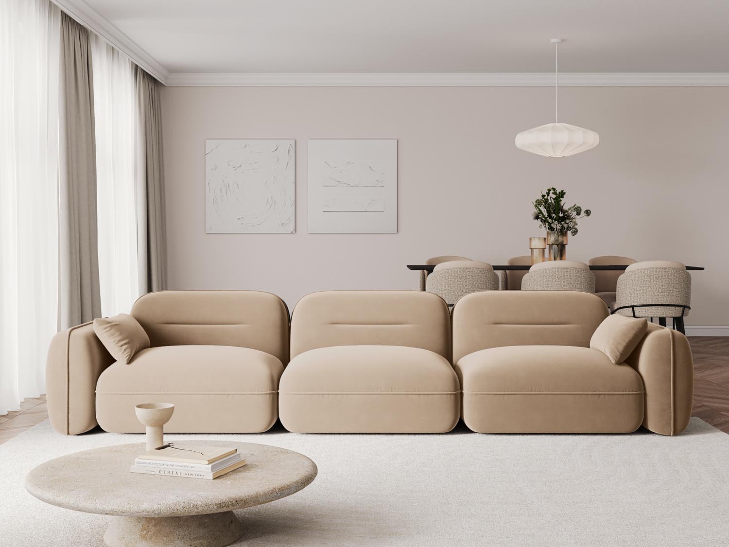 Elegantes Sydney Velour Modular Sofa in Sand-Casino, ideal für stilvolle Wohnräume. Komfort und modernes Design vereint.