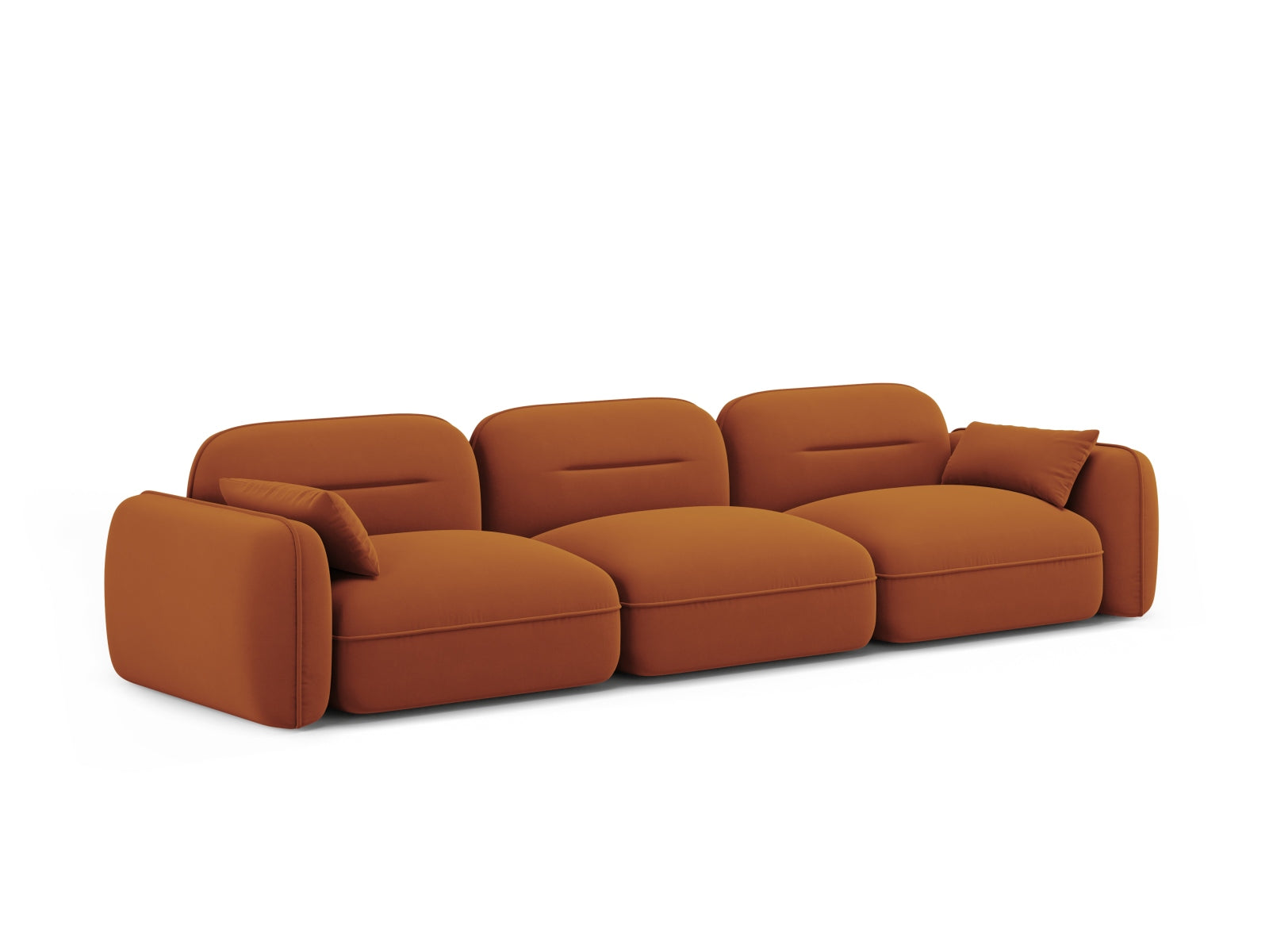 Modulares 4-Sitzer Sofa in luxuriösem Velours, warmes Terracotta, ideal für moderne Wohnkonzepte und gemütliche Zusammenkünfte.