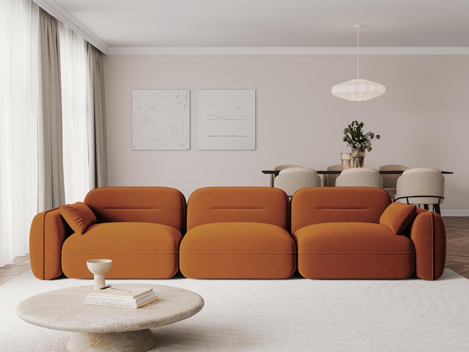 Elegantes Sydney Velour Modular Sofa in warmem Terracotta, ideal für stilvolle Wohnräume. Perfekt für gesellige Abende und entspannte Stunden.