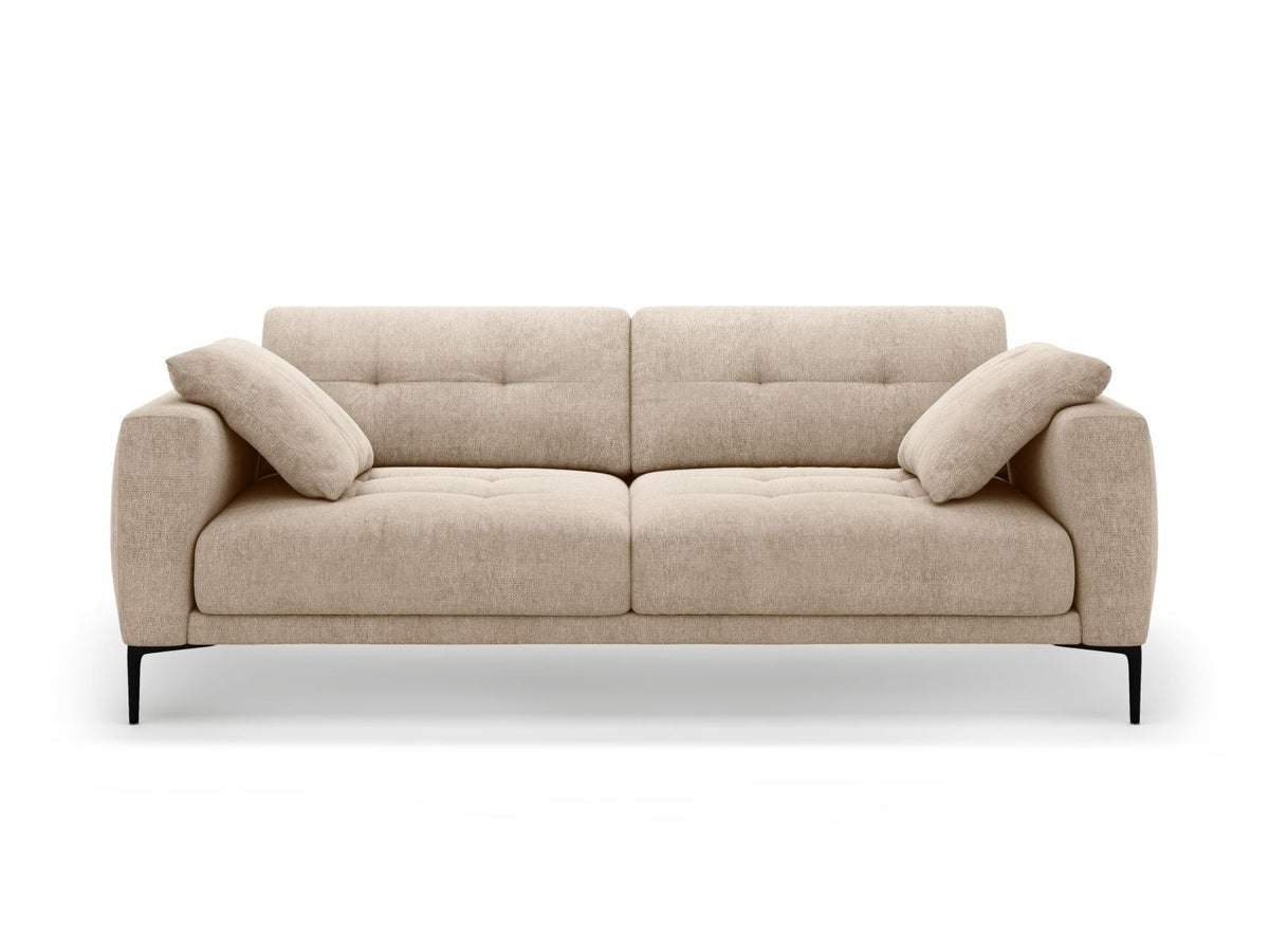 Lazio Sofa 4-Sitzer in Beige-Sorella mit Tweed-Stoffbezug, Massivholzrahmen und schwarzen Metallbeinen, Frontalansicht auf hellem Hintergrund.