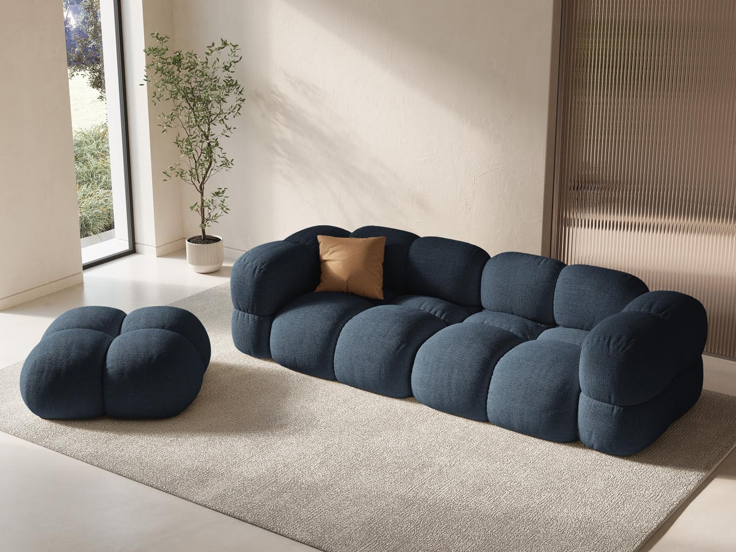 Elegantes Loretto 4-Sitzer Sofa in Dunkelblau, stilvoll und modern, ideal für jedes Wohnzimmer, präsentiert von Cosmopolitan Design.