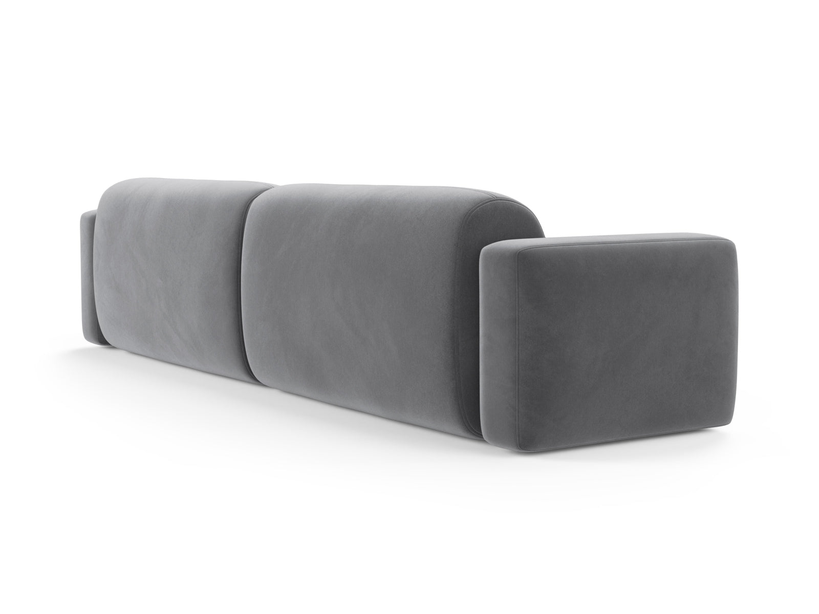 Modulares 4-Sitzer Sofa aus Strino Velour in edlem Grau, perfekt für stilvolle Wohnzimmer und entspannte Zusammenkünfte.