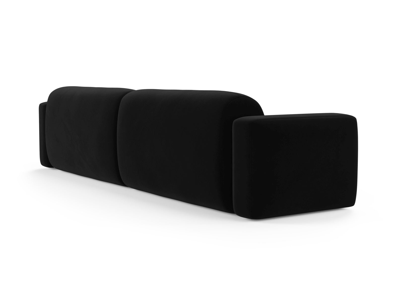 Modulares 4-Sitzer Sofa aus Strino Velour in edlem Schwarz, perfekt für stilvolle Wohnzimmer und entspannte Zusammenkünfte.