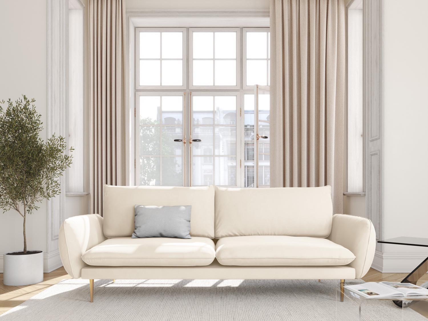 Elegantes 4-Sitzer Sofa "Vienna" in sanftem Beige mit goldenen Akzenten, ideal für stilvolle Wohnräume.