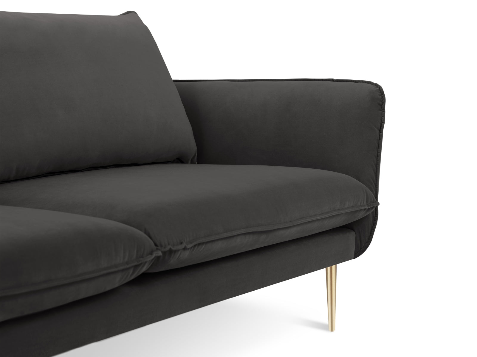 Luxuriöses 4-Sitzer Sofa im samtigen Dunkelgrau, veredelt mit goldenen Details, perfekt für moderne und elegante Wohnkonzepte.