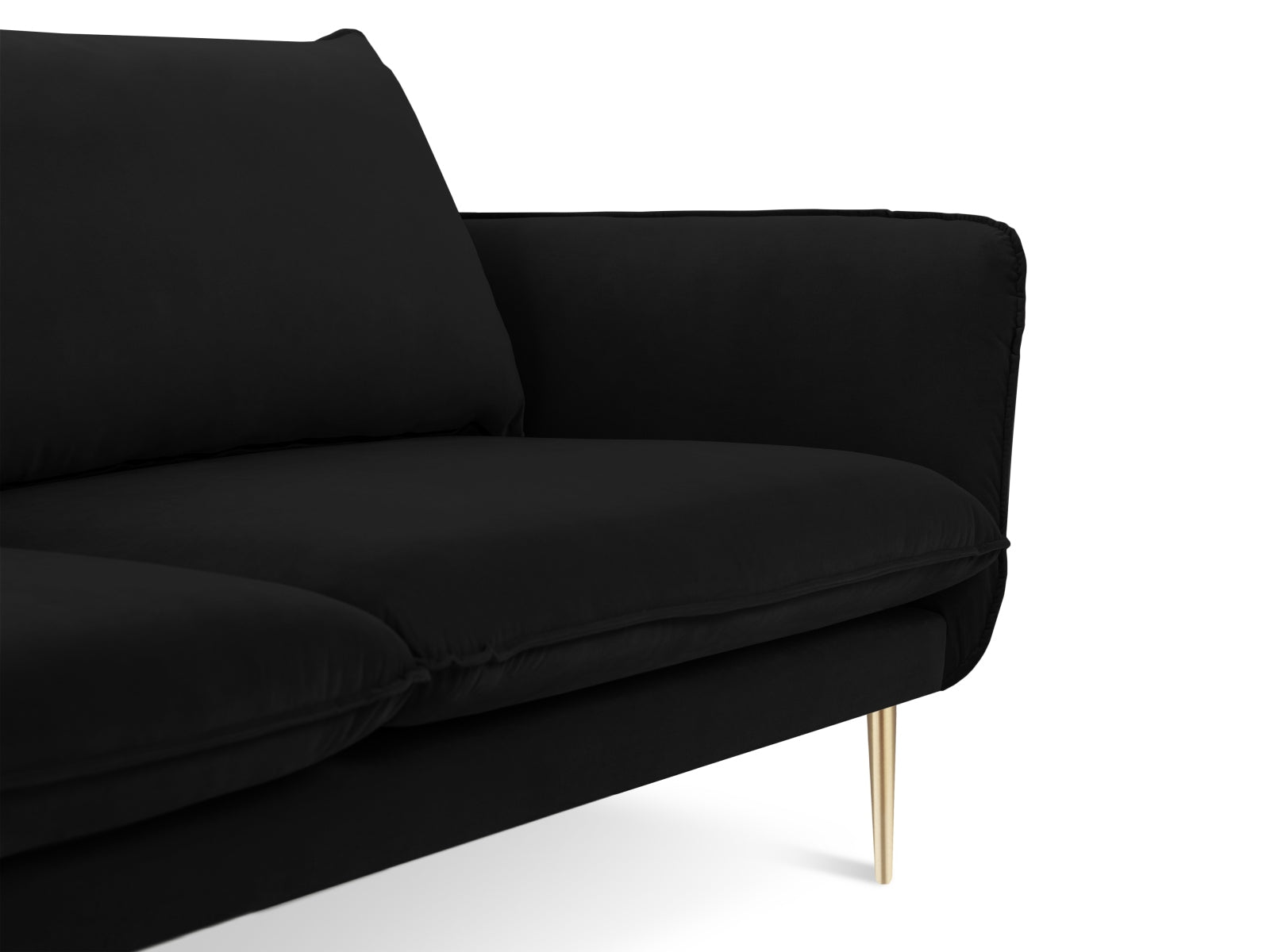Schwarzes Vienna Velour Sofa für 4 Personen mit luxuriösen goldenen Details, perfekt für moderne und elegante Wohnambiente.