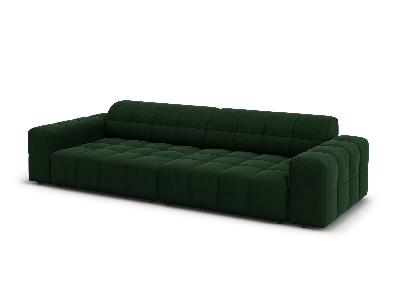 Stilvolles 4-Sitzer Velour Sofa in edlem Flaschengrün, perfekt für moderne Wohnkonzepte und gemütliche Abende.