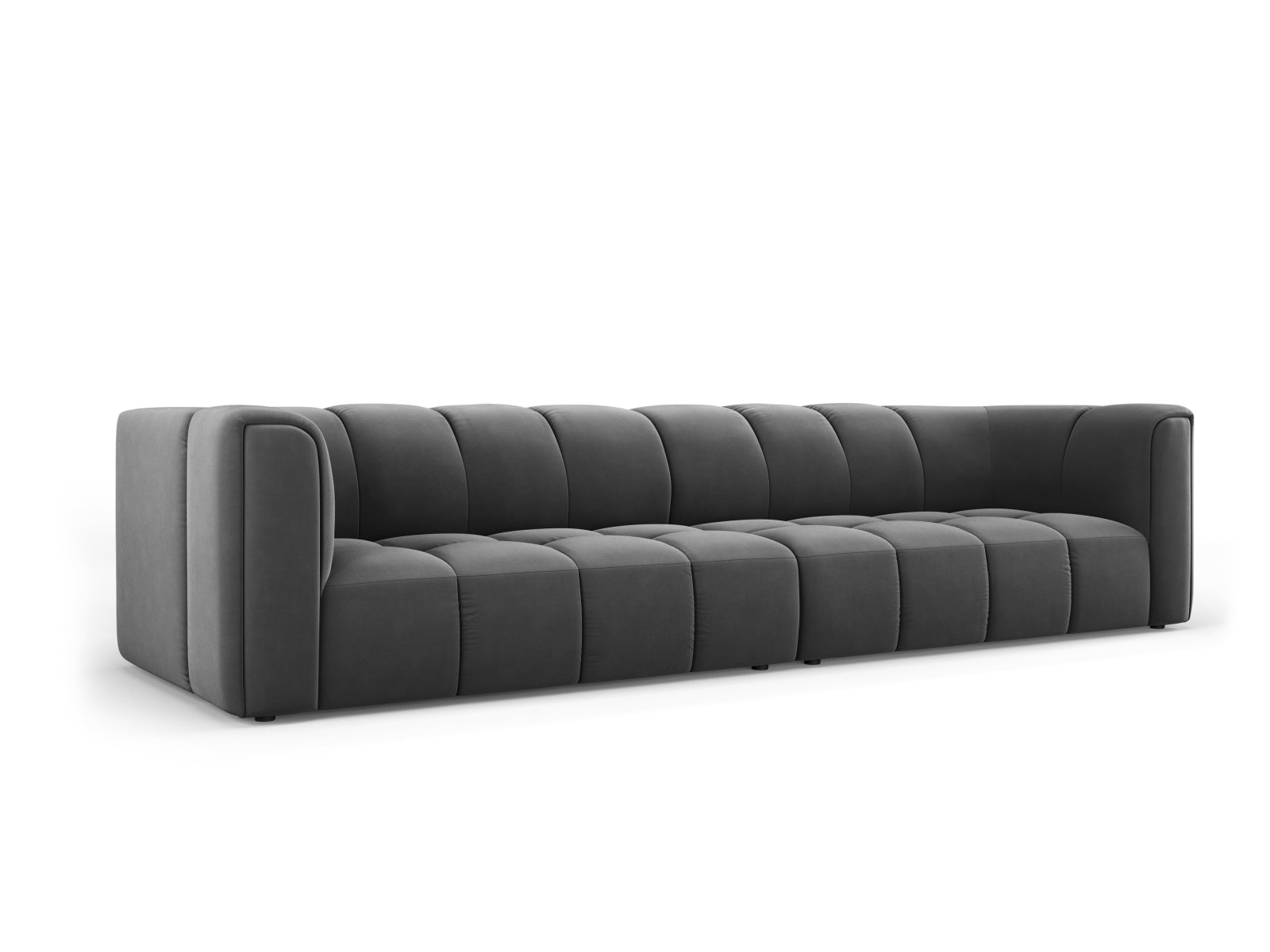Elegantes 4-Sitzer Sofa Moritz in stilvollem Grey-Bluvel, ideal für moderne Wohnräume, erhältlich bei KAQTU Design AG.