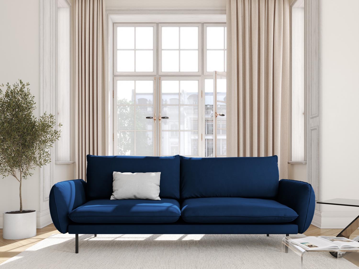 Elegantes 4-Sitzer Sofa "Vienna" in Royal Blue und Schwarz-Bluvel, ideal für stilvolle Wohnräume, präsentiert von Cosmopolitan Design.