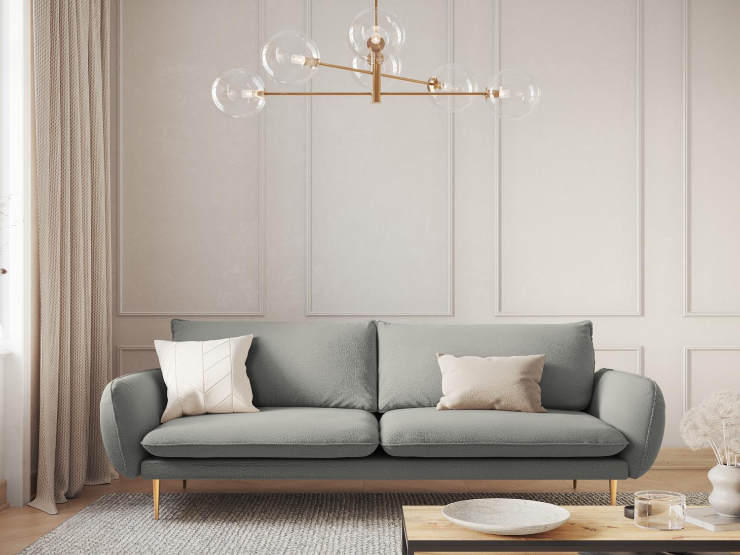 Elegantes Vienna Boucle Sofa für 4 Personen in stilvollem Grau mit goldenen Akzenten, ideal für moderne Wohnräume.