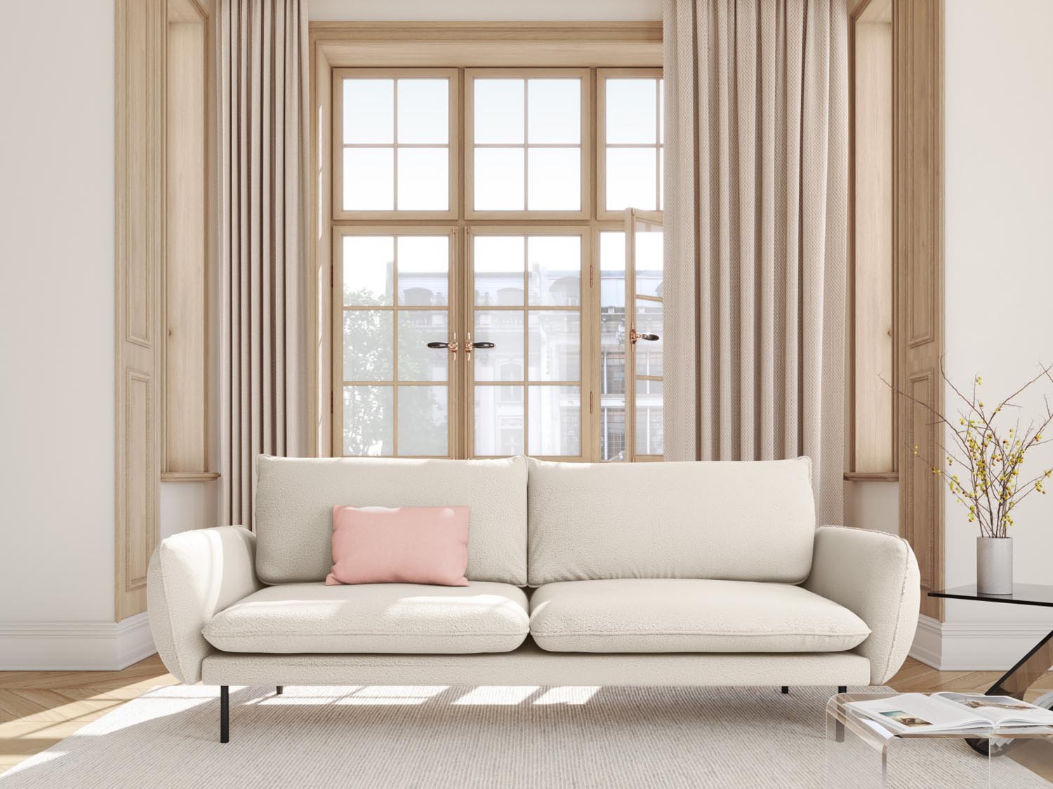 Elegantes Vienna Boucle Sofa für 4 Personen in stilvollem Beige und Schwarz, ideal für moderne Wohnräume.