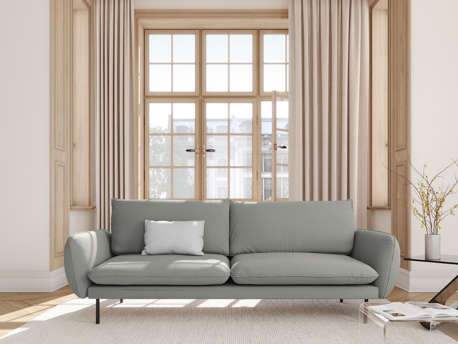Elegantes Vienna Boucle Sofa für 4 Personen in stilvollem Grau und Schwarz, ideal für moderne Wohnräume.