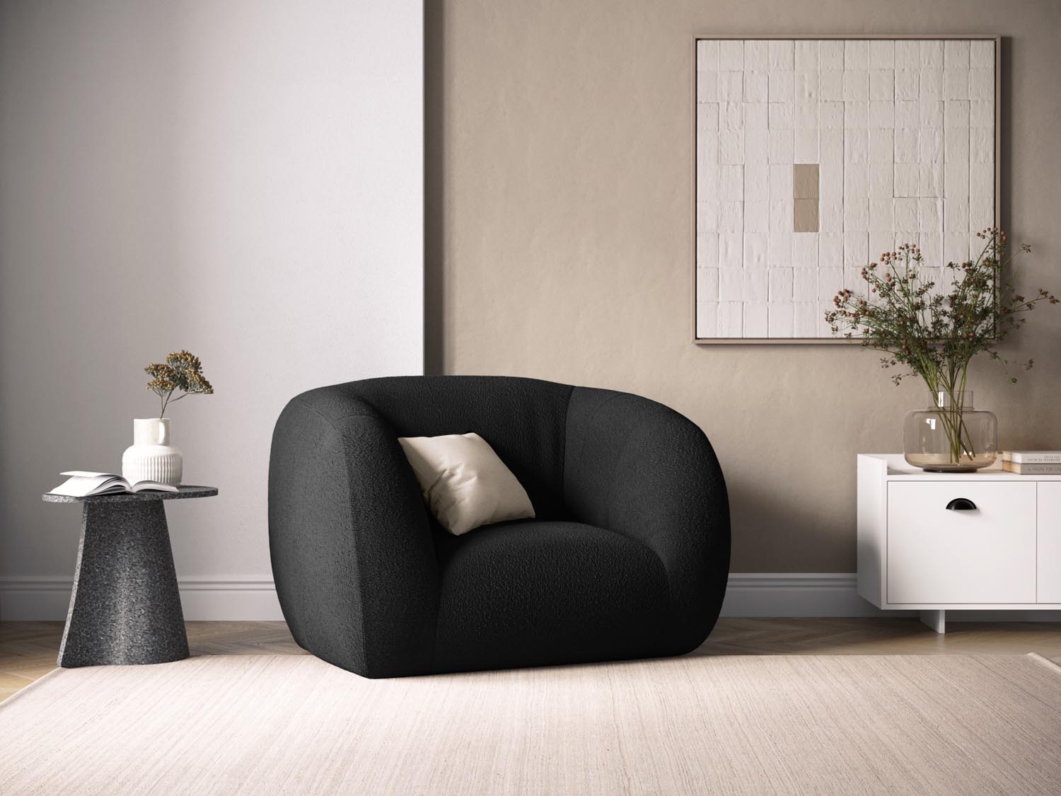 Erleben Sie den stilvollen Essen Boucle Armchair 1 Sitzer von Cosmopolitan Design. Ideal für modernes Wohnen, vereint er Komfort und Eleganz.