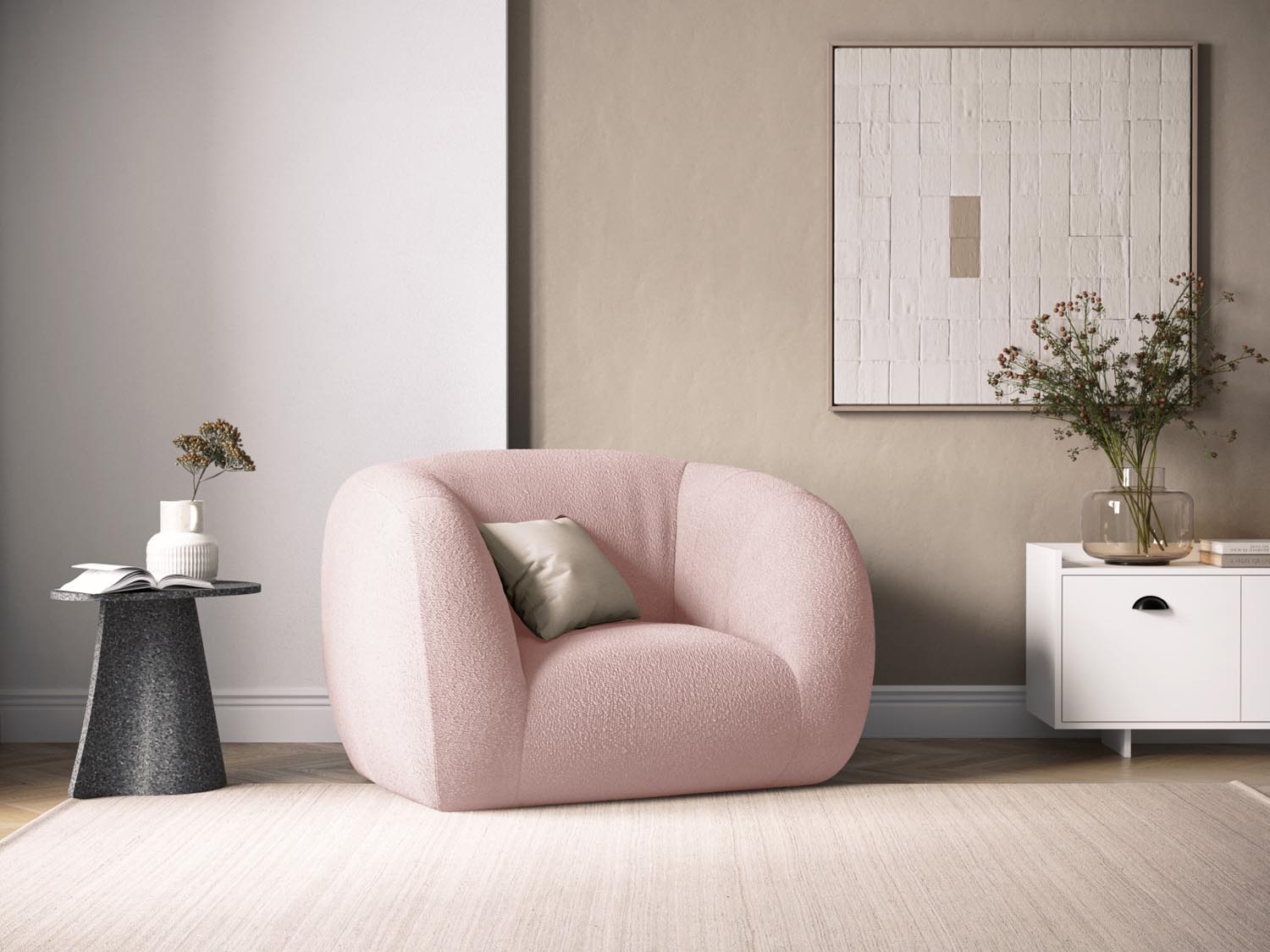 Erleben Sie den stilvollen Essen Boucle Armchair 1 Sitzer von Cosmopolitan Design. Ideal für Ihr modernes Zuhause, vereint er Komfort und Eleganz.