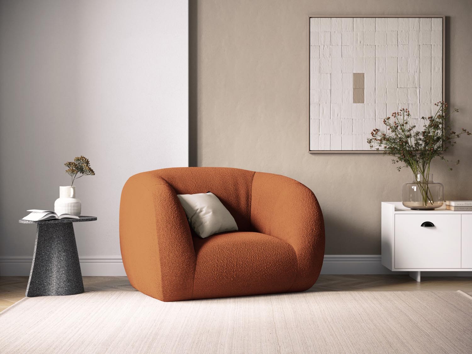 Entdecken Sie den eleganten Essen Boucle Armchair 1 Sitzer von Cosmopolitan Design. Perfekt für modernes Wohnen, bietet er höchsten Komfort und stilvolles Design.