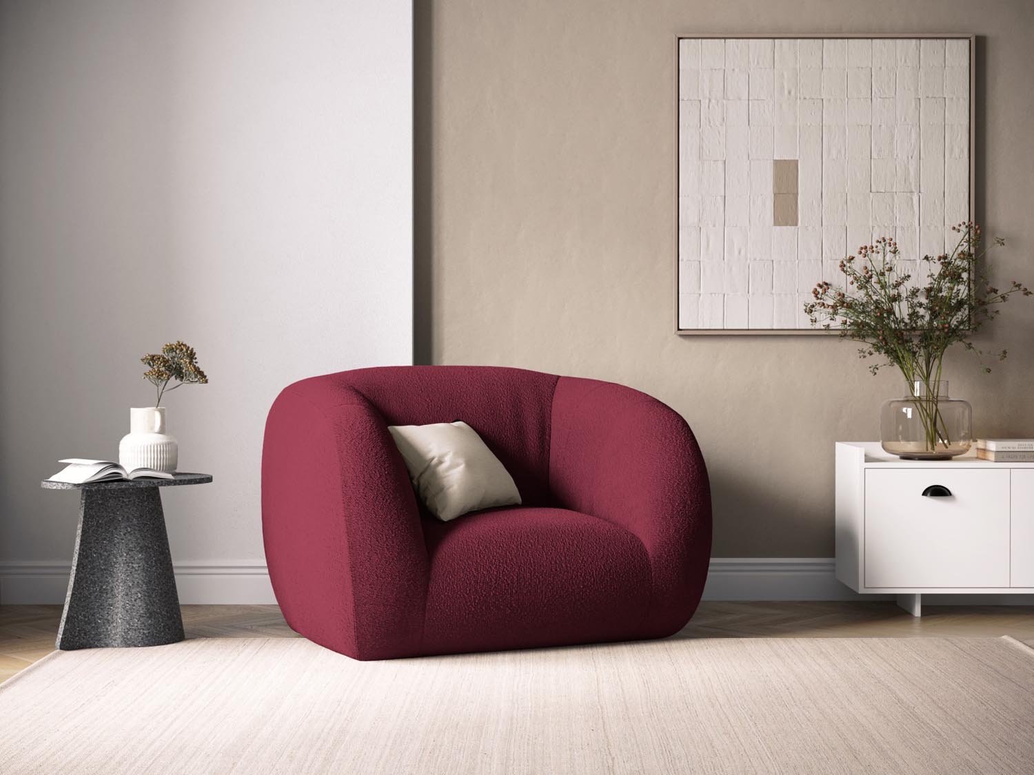 Erleben Sie den stilvollen Essen Boucle Armchair 1 Sitzer von Cosmopolitan Design. Ideal für Ihr modernes Interieur, vereint er Komfort und Eleganz.