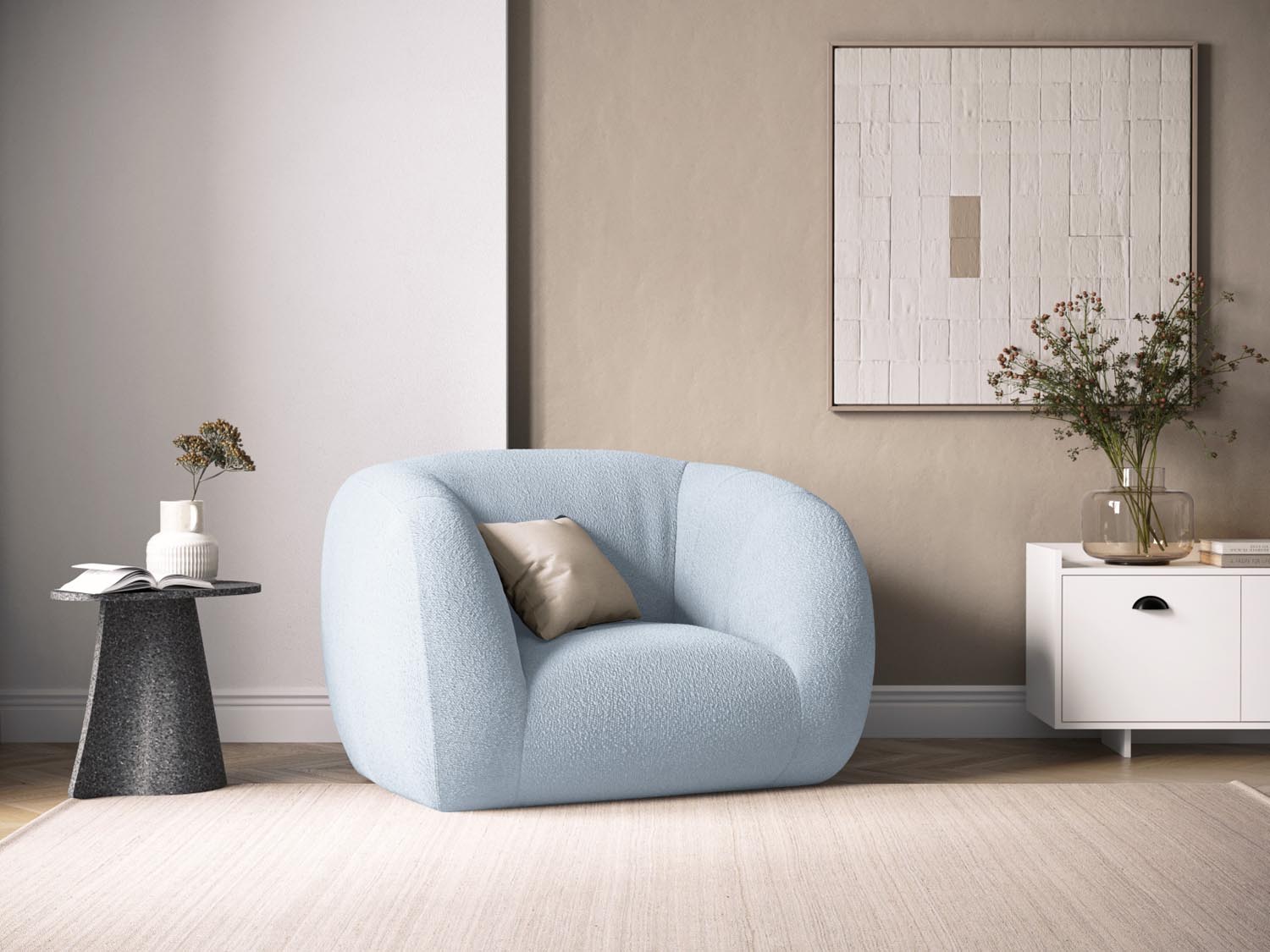 Entdecken Sie den eleganten Essen Boucle Armchair 1 Sitzer von Cosmopolitan Design. Perfekt für Ihr modernes Zuhause, bietet er höchsten Komfort und stilvolles Design.