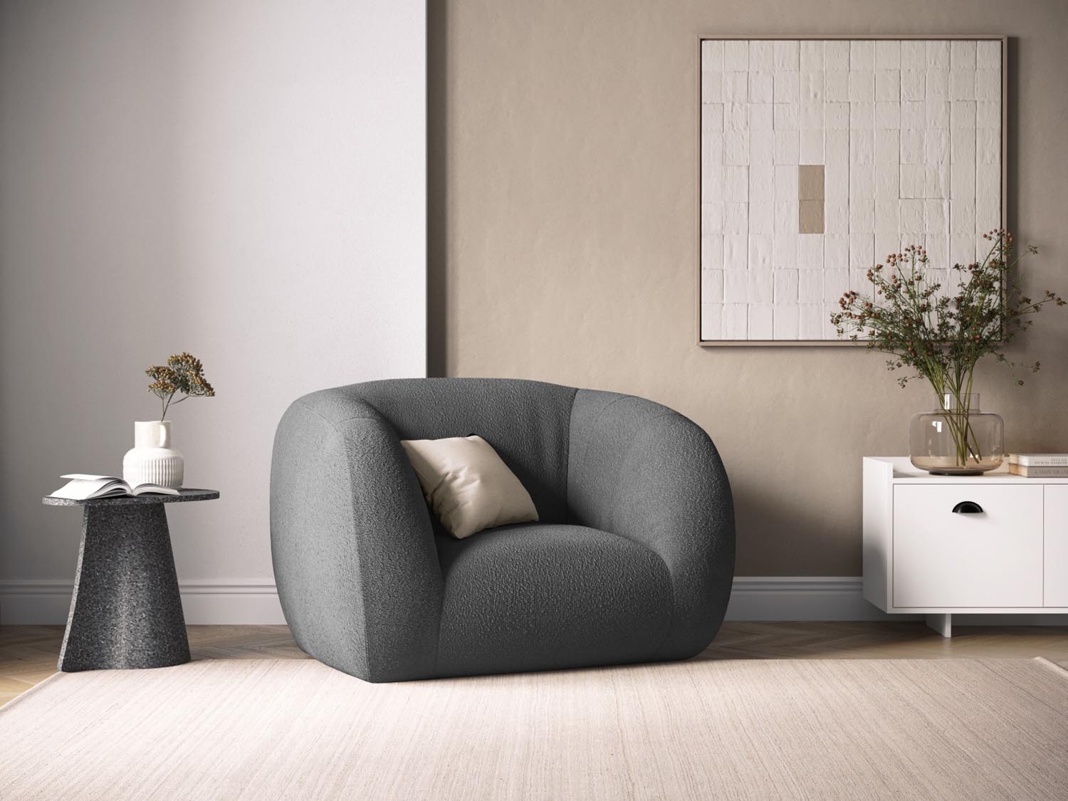 Erleben Sie den stilvollen Essen Boucle Armchair 1 Sitzer von Cosmopolitan Design. Ideal für Ihr modernes Zuhause, vereint er Komfort und Eleganz.