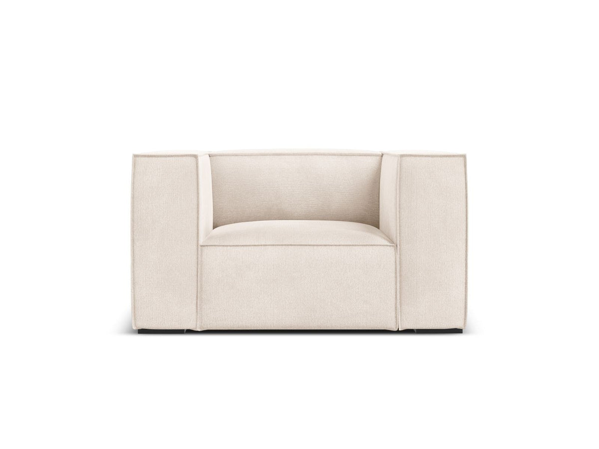 Turin Sessel mit Chenille-Bezug in Light Beige-Rosario, Massivholzrahmen aus Kiefer und Beinen aus schwarzem Buchenholz, Ansicht mit Armlehnen und Rückenlehne.