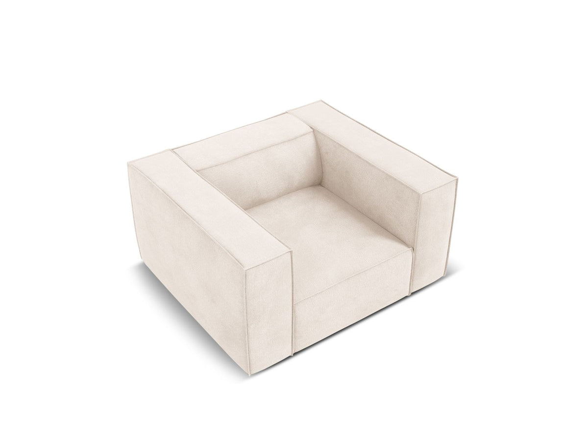 Turin Sessel mit Chenille-Bezug in Light Beige-Rosario, Massivholzrahmen aus Kiefer und Beinen aus schwarzem Buchenholz, Ansicht mit Armlehnen und Rückenlehne.