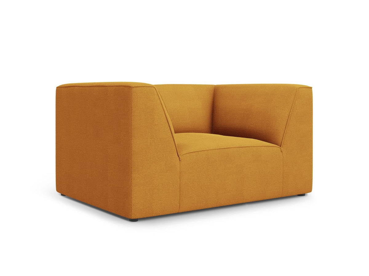 Sessel Siena 1-Sitzer von Cosmopolitan Design mit gelbem Ottawa-Stoffbezug, Massivholzrahmen und schwarzen Kunststoffbeinen aus Polypropylen.
