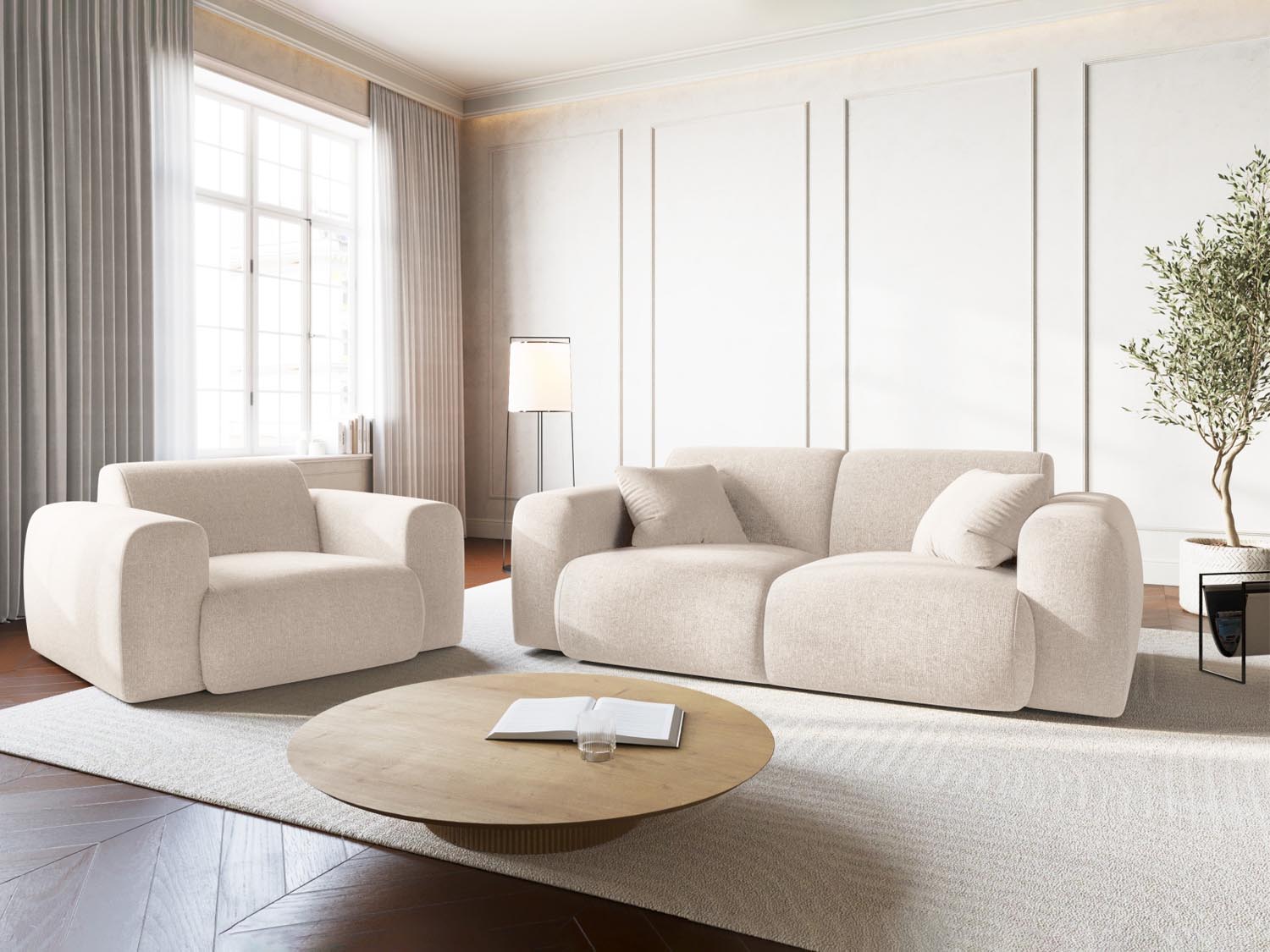 Eleganter Nolio Sessel mit einem Sitzplatz, 95 cm breit, in sanftem Light Beige, ideal für stilvolle Wohnräume.