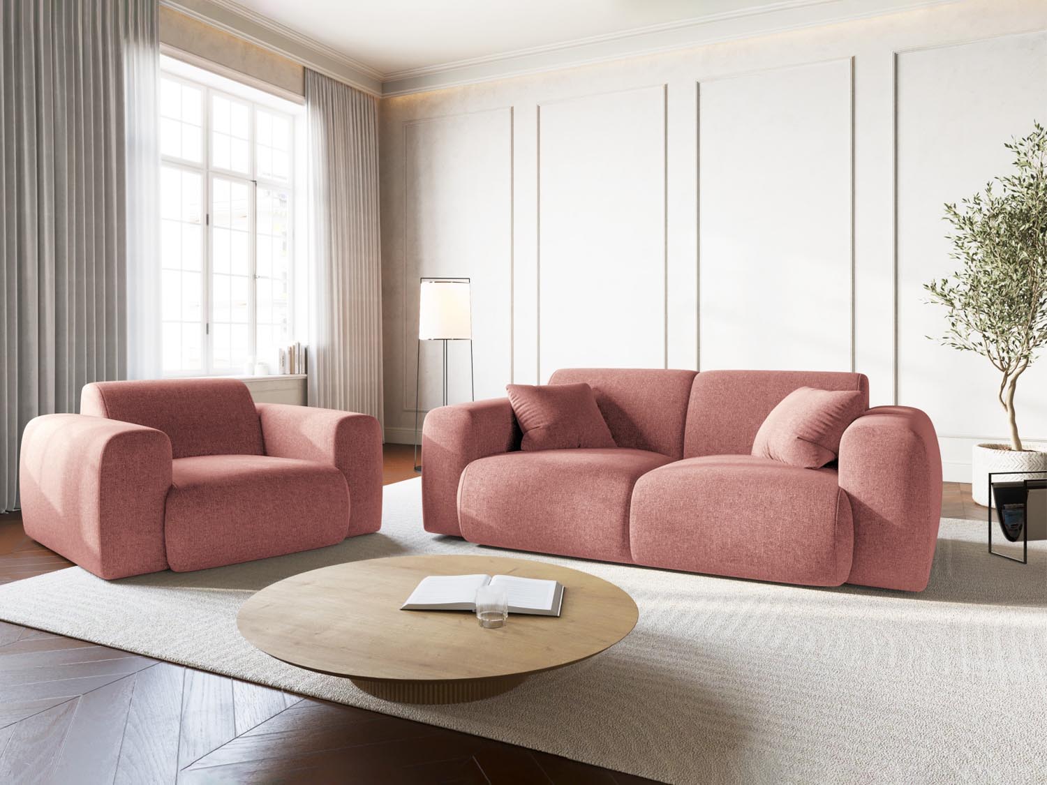 Eleganter Nolio Sessel mit einem Sitzplatz, 95 cm breit, in stilvollem Pink-Haga, ideal für moderne Wohnräume.