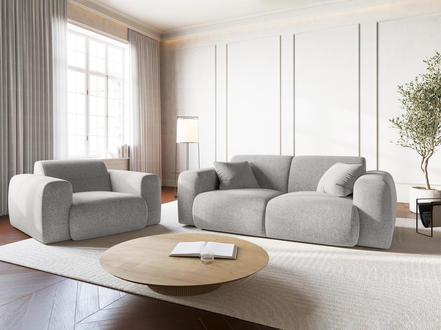 Eleganter Nolio Sessel mit einem Sitzplatz in sanftem Hellgrau, ideal für stilvolle Wohnräume und moderne Einrichtungskonzepte.