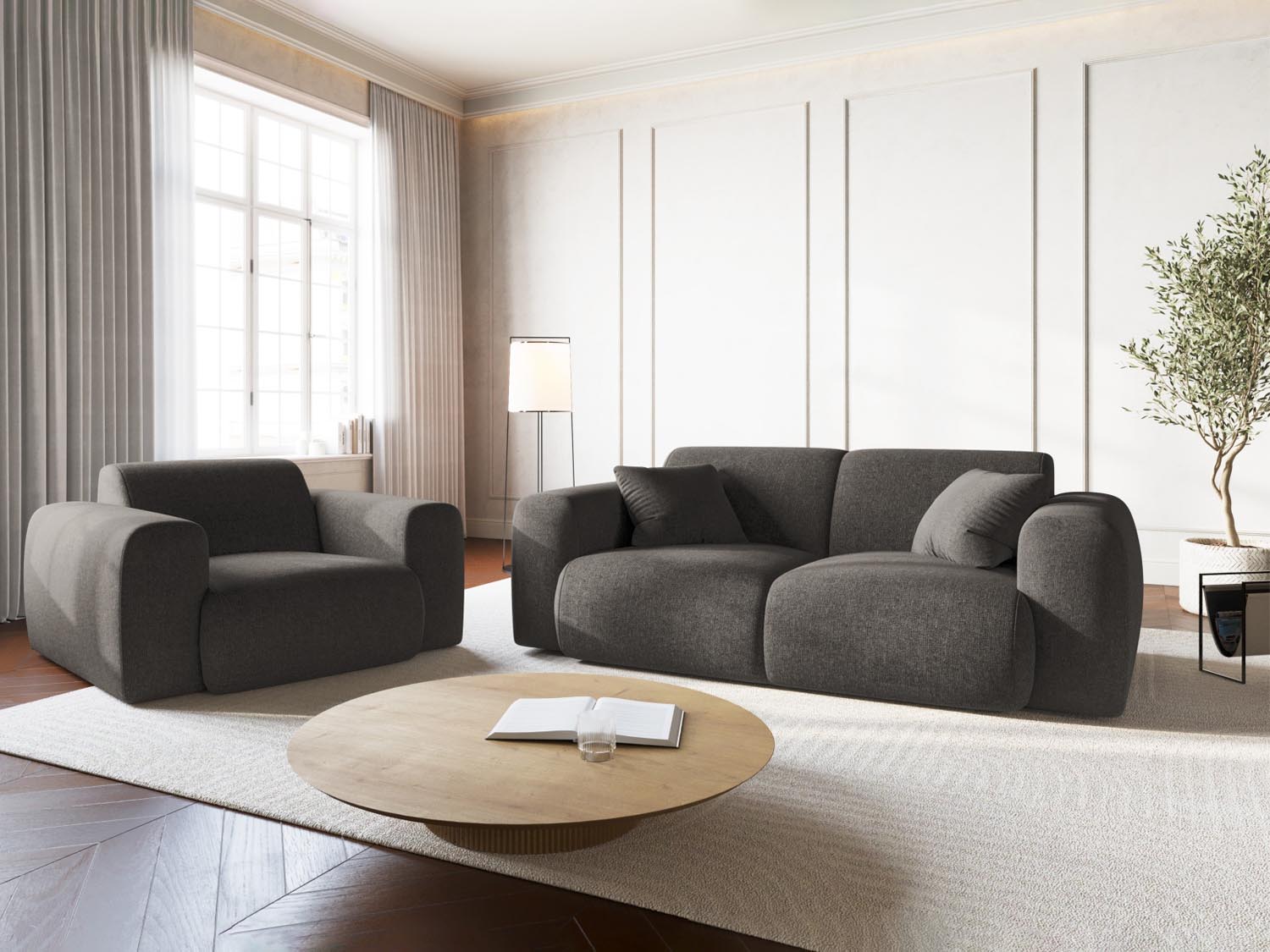 Eleganter Nolio Sessel mit einem Sitzplatz, 95 cm breit, in stilvollem Grau, ideal für moderne Wohnräume und gemütliche Leseecken.