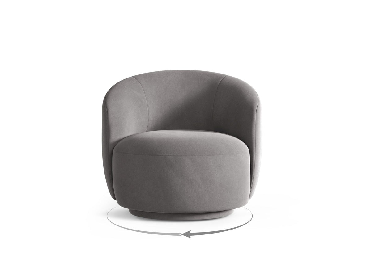 Drehsessel Savona mit samtigem Stoffbezug in Light Beige, gepolsterter Rückenlehne und stoffbezogenen Beinen auf Kiefernholzgestell.