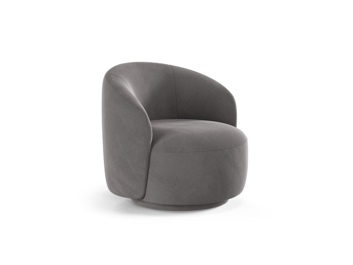 Drehsessel Savona mit samtigem Stoffbezug in Light Beige, gepolsterter Rückenlehne und stoffbezogenen Beinen auf Kiefernholzgestell.