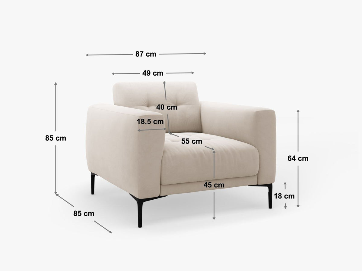 Lazio Samt-Sessel 1-Sitzer von Cosmopolitan Design in Beige-Salvador, Velours-Stoff, schwarze Stahlbeine, gepolsterte Rückenlehne und Sitzfläche.