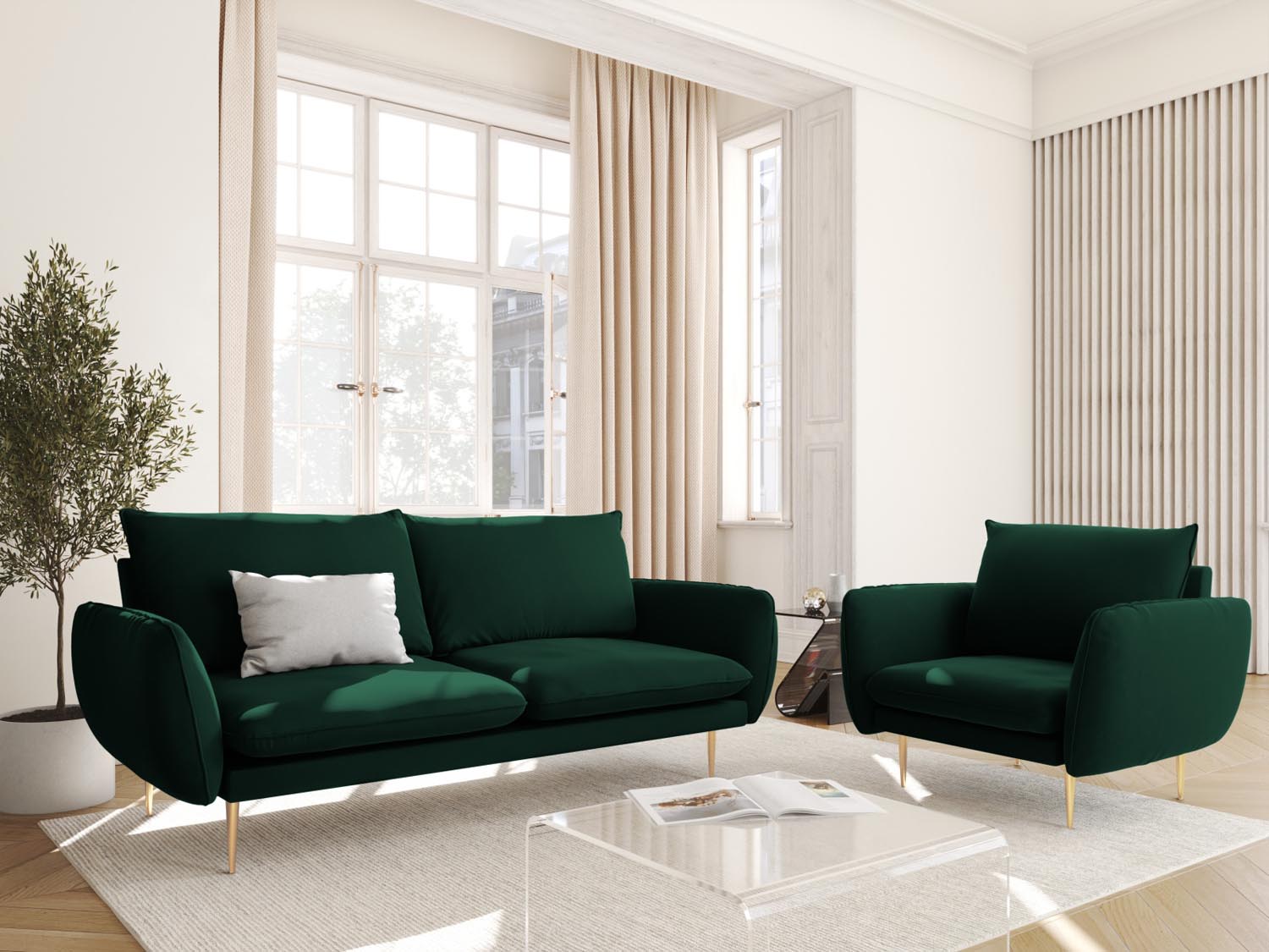 Eleganter Vienna Velour Sessel in Flaschengrün mit goldenen Akzenten, ideal für stilvolle Wohnräume und gemütliche Leseecken.