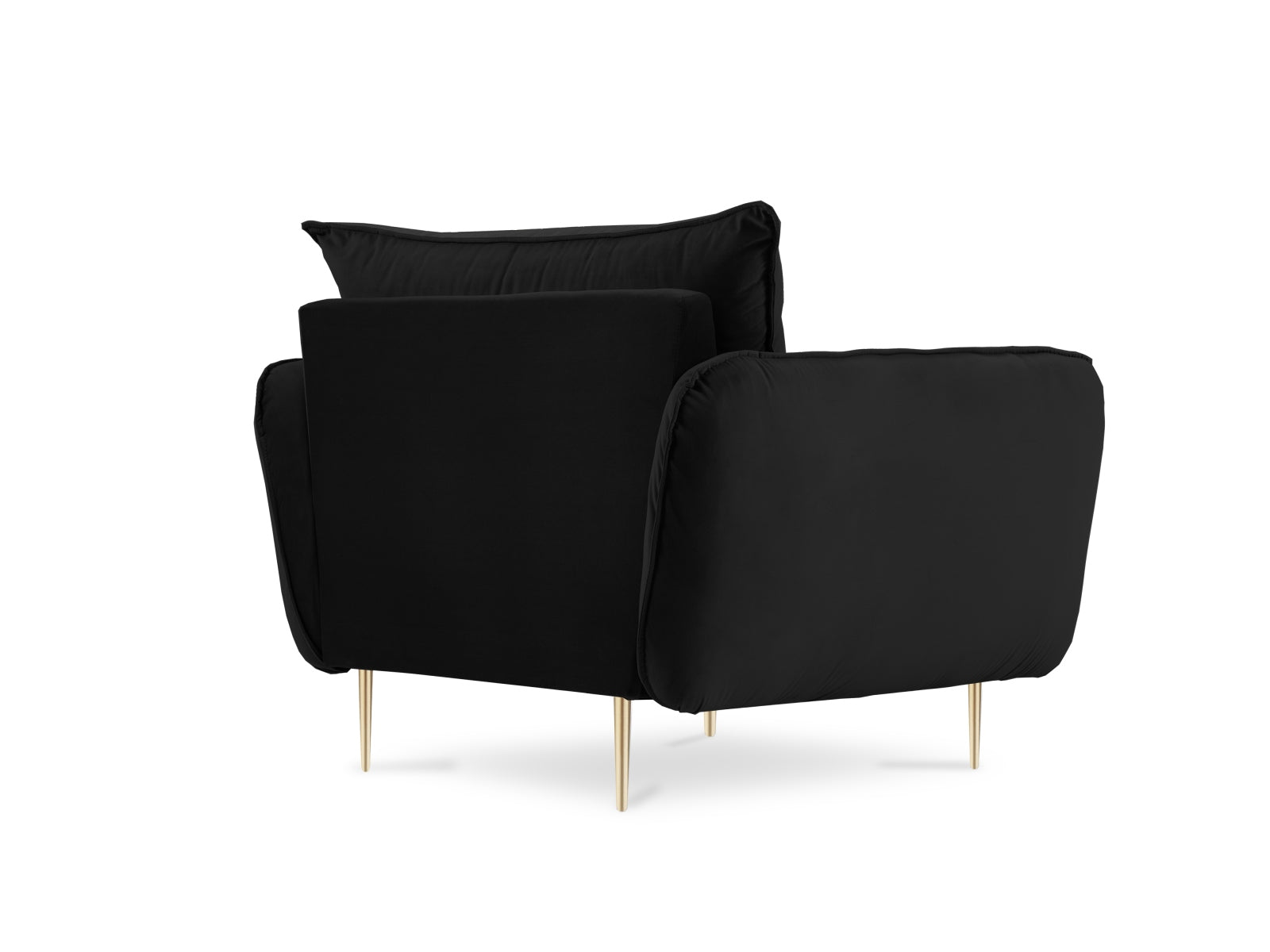 Eleganter schwarzer Veloursessel mit goldenen Akzenten, ideal für stilvolle Wohnräume und gemütliche Leseecken.