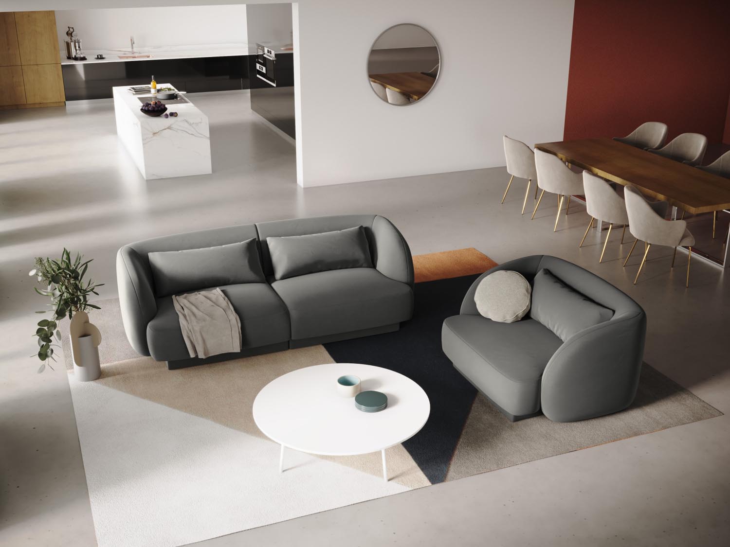 Eleganter Tulum Velour Sessel in sanftem Grau, ideal für stilvolle Wohnräume. Bequemer Einzelsitz mit modernem Design.