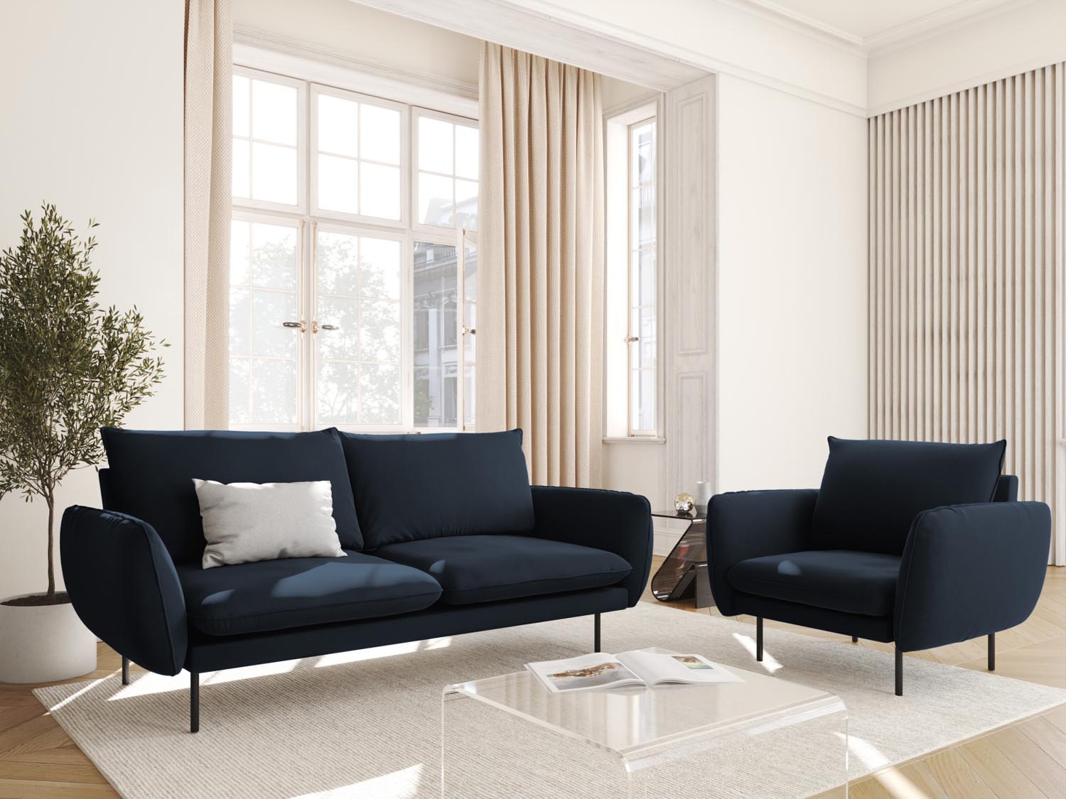 Eleganter Vienna Velour Sessel in Dunkelblau, 1-Sitzer mit 94 cm Breite, ideal für stilvolle Wohnräume, präsentiert von Cosmopolitan Design.