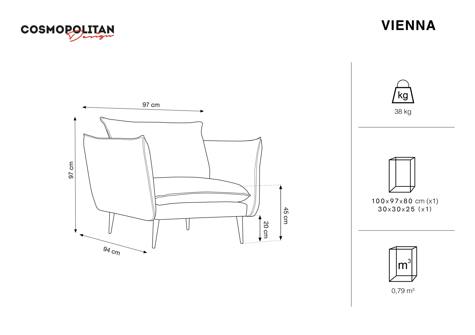 Stylischer Vienna Sessel 1 Sitz 94cm von Cosmopolitan Design. Perfekt für jedes Zuhause, bietet er höchsten Komfort und zeitlose Eleganz.